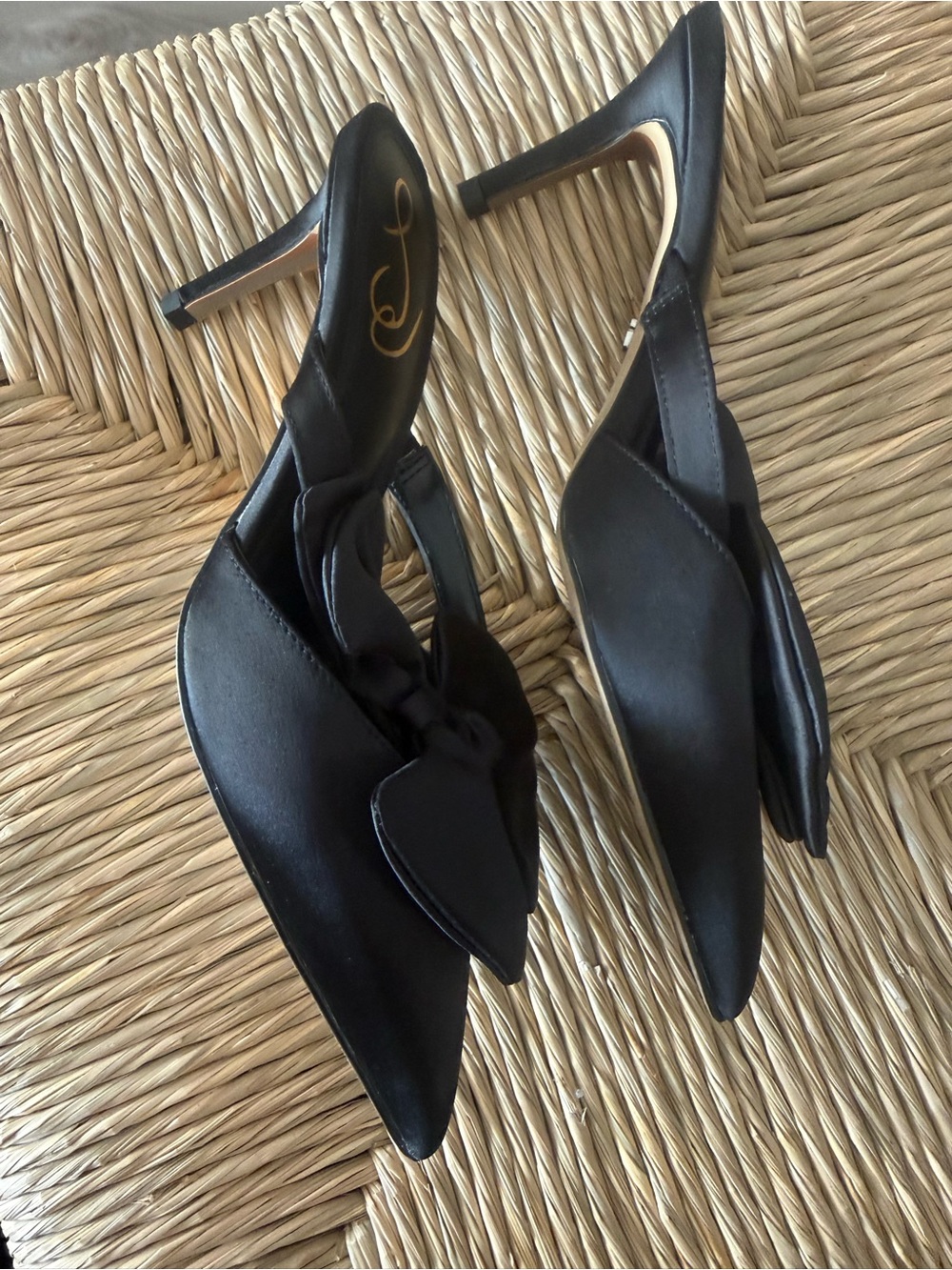 Sam Edelman Black Satin Bow Pointed-Toe Slip-On Heels - Picture 2 of 7